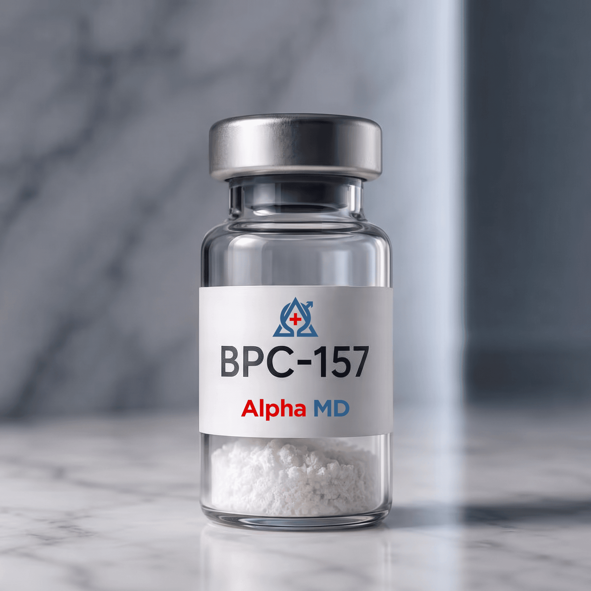 Vial of BPC-157 peptide labeled Alpha MD
